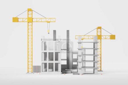 Photo for Two yellow cranes with concrete house building and parking under construction, grey background. Concept of new apartment, residential complex and real estate. 3D rendering illustration - Royalty Free Image
