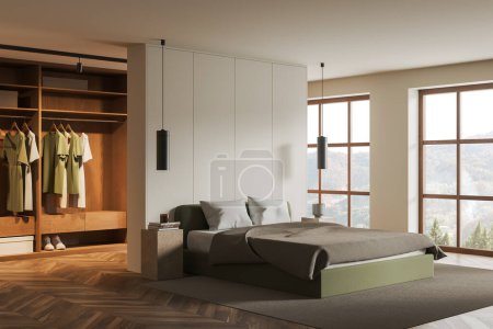 Photo for Interior of modern bedroom with white walls, wooden floor, comfortable green king size bed and spacious walk in closet behind it. Big windows with mountain view. 3d rendering - Royalty Free Image
