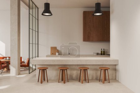 Photo for Beige cozy cafe interior with bar stool in row and stone countertop, concrete floor. Minimalist cooking space with kitchenware and sink, dining zone with partition. 3D rendering - Royalty Free Image