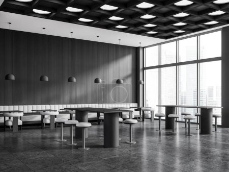 Foto de Interior moderno bar con mesa y taburete en fila, vista lateral muebles minimalistas en piso de baldosas de hormigón gris. Restaurante rincón comedor con ventana panorámica en rascacielos. Renderizado 3D - Imagen libre de derechos