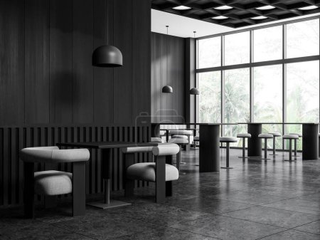 Foto de Esquina de elegante restaurante con paredes de madera gris y oscura, suelo de baldosas negras, mesas cuadradas con sofás blancos, sillones y taburetes de pie cerca de ellos. renderizado 3d - Imagen libre de derechos