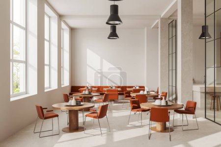 Téléchargez les photos : Intérieur du café moderne avec murs blancs, sol en pierre, colonnes, chaises orange confortables et canapé debout près de tables rondes et carrées. Rendu 3d - en image libre de droit