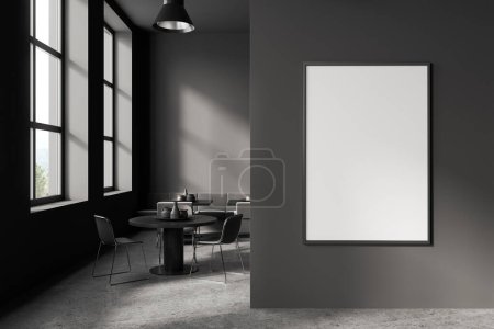 Photo for Dark cafe interior with dining table and chairs, panoramic window on countryside. Minimalist restaurant meeting and relax space. Mock up canvas poster on grey partition. 3D rendering - Royalty Free Image