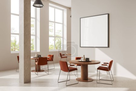 Foto de Interior de la moderna cafetería con paredes blancas, suelo de piedra, cómoda mesa redonda con sillas naranjas y mofa cuadrada encima de ella. renderizado 3d - Imagen libre de derechos