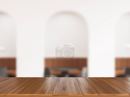 Foto de Mesa de madera y fondo borroso de café blanco o restaurante interior con sillas y mesa, pared de arco. Simular espacio de copia para la visualización del producto. Renderizado 3D - Imagen libre de derechos