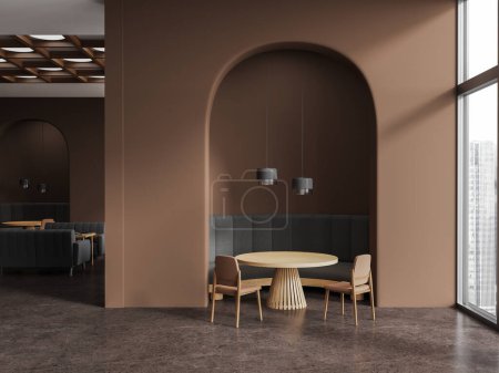 Foto de Acogedor café interior marrón con sofá y sillas con mesa, tabique de pared arqueada y ventana panorámica en rascacielos. Espacio minimalista para comer con muebles modernos. Renderizado 3D - Imagen libre de derechos