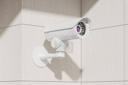 Téléchargez les photos : Caméra de sécurité CCTV montée sur mur en bois blanc, équipement vidéo pour le contrôle de la zone publique. Concept de surveillance et de suivi. Illustration de rendu 3D - en image libre de droit