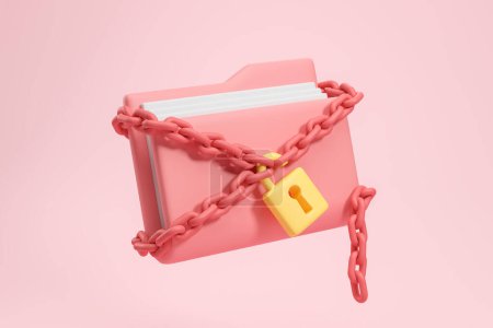 Foto de Vista de la carpeta de archivos rosa con cadena de corte y candado abierto sobre fondo rosa. Concepto de fallo de protección de documentos privados y violación de la seguridad cibernética. renderizado 3d - Imagen libre de derechos
