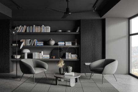 Photo for Dark home living room interior with soft place, armchairs with coffee table on carpet, grey concrete floor. Modern design of relax place with panoramic window on countryside. 3D rendering - Royalty Free Image
