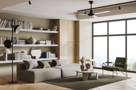 Photo for Scandinavian home living room interior with sofa and armchair, side view coffee table and shelf with books and decoration. Panoramic window on countryside. 3D rendering - Royalty Free Image