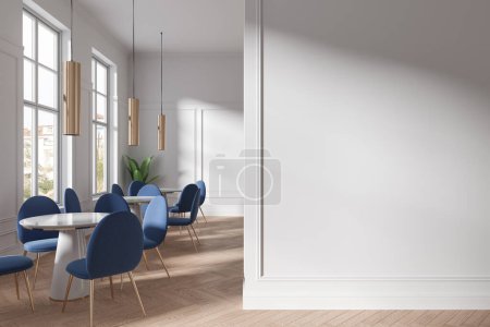 Photo for Traditional white cafe interior with chairs and table in row, molding mock up empty wall partition. Modern restaurant dining space with panoramic window on tropics. 3D rendering - Royalty Free Image