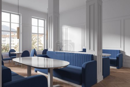 Photo for Interior of modern cafe in classic style with columns, white walls, wooden floor, comfortable blue sofas and chairs standing near oval and round tables. 3d rendering - Royalty Free Image