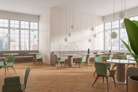 Foto de Elegante café interior con sillas verdes y mesa redonda en fila, vista lateral. Acogedora cafetería comedor esquina con muebles minimalistas y planta. Ventana panorámica de Kuala Lumpur. Renderizado 3D - Imagen libre de derechos