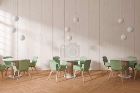 Foto de Interior minimalista del restaurante con sillas verdes y mesa redonda en fila, piso de madera. Acogedor espacio para comer cafetería con muebles y lámparas minimalistas modernos. Renderizado 3D - Imagen libre de derechos