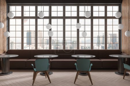 Foto de Interior minimalista del restaurante con sillas de colores y mesa redonda en fila. Acogedor espacio de comedor cafetería con sofá marrón a lo largo de ventana panorámica en Kuala Lumpur. Renderizado 3D - Imagen libre de derechos