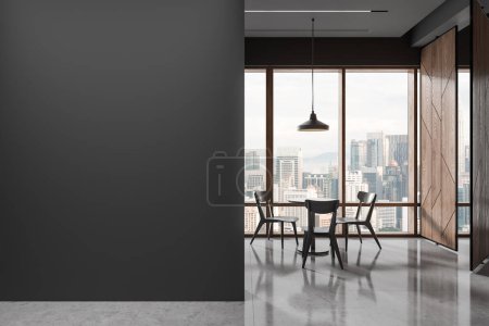 Foto de Interior café oscuro con sillas y mesa redonda, burla de partición de pared vacía. Comedor de oficina minimalista o cafetería con ventana panorámica en los rascacielos Kuala Lumpur. Renderizado 3D - Imagen libre de derechos