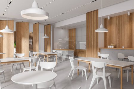 Photo for Office cafe interior with chairs and table in row, side view cooking corner with bar counter and shelves. Modern cafeteria with minimalist furniture and kitchen. 3D rendering - Royalty Free Image