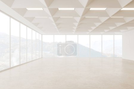 Téléchargez les photos : Espace ouvert hall vide intérieur avec sol en béton clair, mur blanc et plafond avec fenêtre panoramique sur la campagne. Espace de travail, bureau, appartement ou salon design. rendu 3D - en image libre de droit