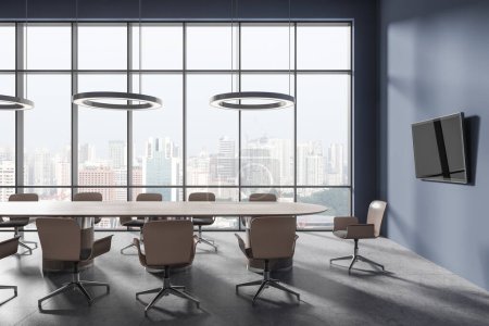 Photo for Cozy conference interior with chairs in row and board on grey concrete floor. Meeting space with tv display on wall, panoramic window on Kuala Lumpur skyscrapers. 3D rendering - Royalty Free Image