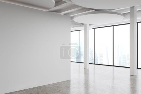 Foto de Interior blanco de la sala de oficina vacía con piso de hormigón gris, vista lateral al lugar de trabajo corporativo o diseño de pasillo. Ventana panorámica de los rascacielos de Singapur. Simular la partición de la pared de espacio de copia. Renderizado 3D - Imagen libre de derechos