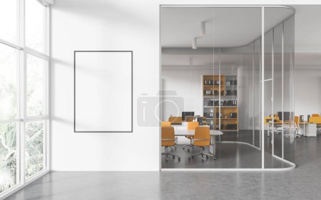 Téléchargez les photos : Intérieur du bureau moderne avec murs en verre et blanc, sol en béton, salle de conférence avec chaises jaunes, espace ouvert avec tables d'ordinateur et affiche maquette verticale. Rendu 3d - en image libre de droit