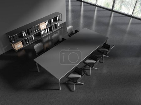 Photo for Top view of dark meeting room interior with chairs and board on grey concrete floor. Panoramic window on tropics. Shelf with folders and boxes. 3D rendering - Royalty Free Image