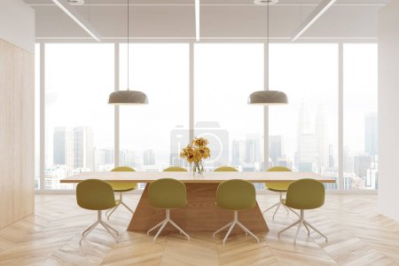 Photo for Stylish conference room interior with yellow chairs in row and board, minimalist furniture on hardwood floor. Panoramic window on Kuala Lumpur skyscrapers. 3D rendering - Royalty Free Image