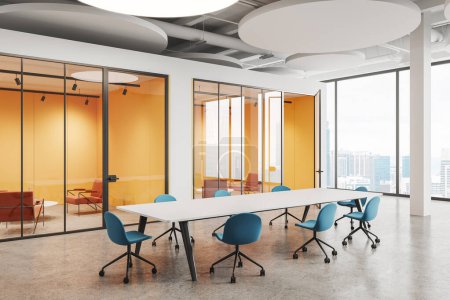 Photo for Corner view of white and orange business room interior, meeting board and relax corner behind glass doors. Chairs in row and panoramic window on Kuala Lumpur. 3D rendering - Royalty Free Image