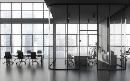 Photo for Dark conference interior with armchairs and board, workspace and glass partition on grey concrete floor. Meeting loft with panoramic window on skyscrapers. 3D rendering - Royalty Free Image