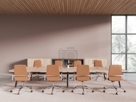 Téléchargez les photos : Intérieur d'affaires beige avec fauteuils en rangée et en planche, buffet avec dossiers. Espace de réunion avec fenêtre panoramique sur la vue tropicale. Maquette de mur d'espace de copie. rendu 3D - en image libre de droit