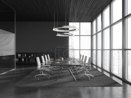 Foto de Interior oscuro de la sala de reuniones con sillones en fila y tabla en la alfombra, tabique de vidrio y piso de hormigón gris. Estante con carpetas y ventana panorámica en rascacielos. Renderizado 3D - Imagen libre de derechos