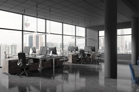 Photo for Corner of stylish open space office with gray columns, concrete floor, rows of computer tables with gray chairs and panoramic windows with cityscape. 3d rendering - Royalty Free Image