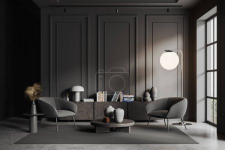 Téléchargez les photos : Intérieur du salon élégant avec des murs gris, sol en béton, deux fauteuils gris confortables debout près de la table basse ronde et commode grise. Rendu 3d - en image libre de droit