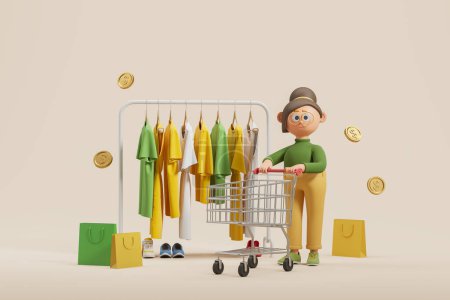 Photo for View of cartoon woman with shopping cart standing near clothing rack with T-shirts and dresses on hangers and shopping bags. Concept of buying new wardrobe. 3d rendering - Royalty Free Image