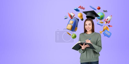 Photo for Smiling woman student with graduation cap take notes in notebook, colorful cartoon education icons with books and rocket flying on empty background. Concept of studies, degree and knowledge - Royalty Free Image