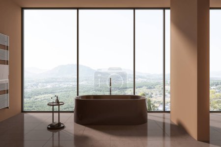 Photo for Brown hotel bathroom interior with bathtub on tile concrete floor, partition and panoramic window on countryside. Modern bathing space with furniture and accessories. 3D rendering - Royalty Free Image