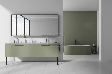 Photo for Stylish hotel bathroom interior with double sink and vanity, bathtub behind partition with table and accessories. Panoramic window in mirror reflection. 3D rendering - Royalty Free Image
