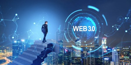 Side view of businessman standing on top of stairs looking at futuristic web 3.0 and planet hologram in night city sky. Concept of new generation of internet and metaverse, cutting edge technology