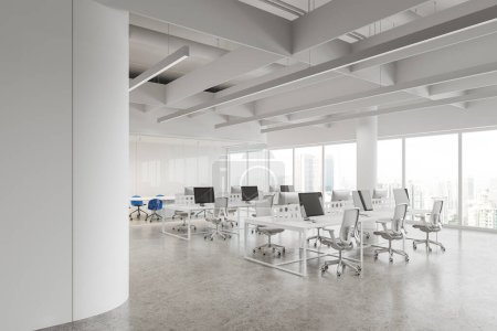 Photo for White business loft interior with coworking and glass meeting room with board, side view pc computers on table with partition. Panoramic window on Kuala Lumpur skyscrapers. 3D rendering - Royalty Free Image