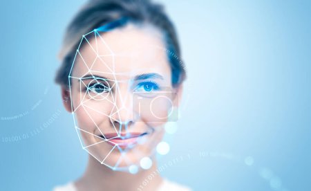 Smiling attractive businesswoman with facial recognition by digital interface with line connection hologram and binary code. Concept of modern technology of artificial intelligence biometric scanning