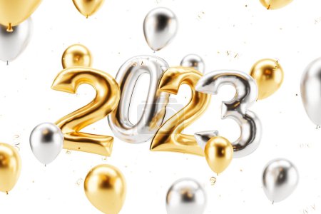 Téléchargez les photos : Ballons d'argent et d'or, célébration de 2023 année. Concept de nouvelle année et de vacances. rendu 3D - en image libre de droit