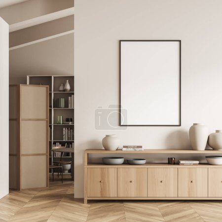 Photo for Light relax room interior dresser with modern decoration on hardwood floor. Meeting area with chair and table with divider. Mock up canvas poster. 3D rendering - Royalty Free Image