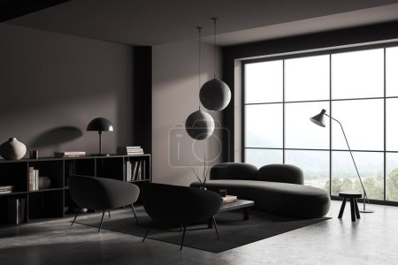 Foto de Interior de la habitación relax oscuro con sofá y dos sillones, vista lateral, mesa de centro y estante con una decoración elegante. Ventana panorámica en el campo. Renderizado 3D - Imagen libre de derechos
