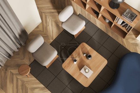 Téléchargez les photos : Vue de dessus de l'intérieur beige relaxant avec canapé et deux fauteuils, table basse et étagère avec décoration d'art, tapis sur plancher de bois franc. rendu 3D - en image libre de droit