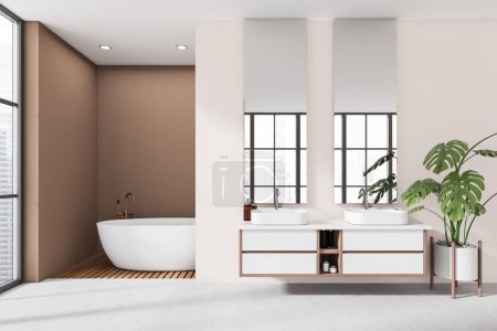 Photo for Beige bathroom interior with double sink and bathtub on background, dresser with two mirrors. Bathing area with panoramic window on city view. 3D rendering - Royalty Free Image