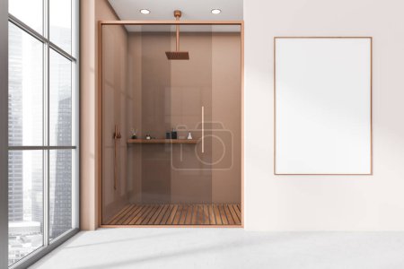 Photo for Beige bathroom interior with shower behind glass doors, panoramic window on Singapore city view. Mock up canvas poster. 3D rendering - Royalty Free Image