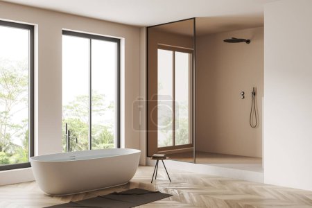 Photo for Corner view on bright bathroom interior with bathtub, panoramic windows with countryside view, shower, white walls, oak wooden hardwood floor, carpet, glass partition. 3d rendering - Royalty Free Image