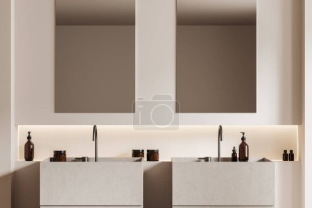 Photo for Beige bathroom interior with double sink and tall mirrors, bath accessories on deck. Hotel bathing area with two washbasins. 3D rendering - Royalty Free Image