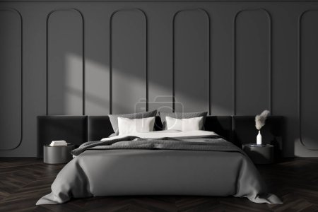 Photo for Dark bedroom interior bed and nightstand with decor, hardwood floor. Sleeping area with abstract shadow. Copy space empty molding wall. 3D rendering - Royalty Free Image