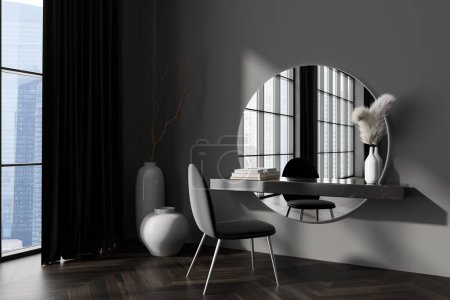 Photo for Dark living room interior with armchair, panoramic window with curtain, large round mirror with shelves with books, grey wall, oak wooden hardwood floor. Concept of minimalist design. 3d rendering - Royalty Free Image